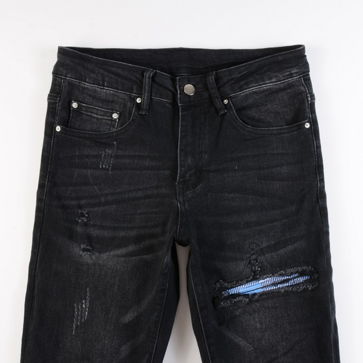 Amiri Schwarze Patch Logo Jeans Herren Designer Denim Hose Stretch Luxus Stil