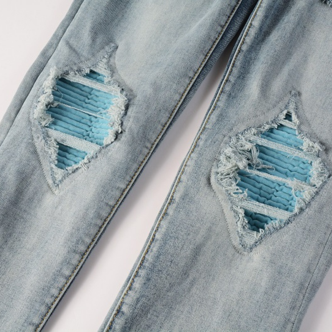 Amiri Blaue Patch Jeans Luxus Designer Denim Slim Fit Destroyed Look