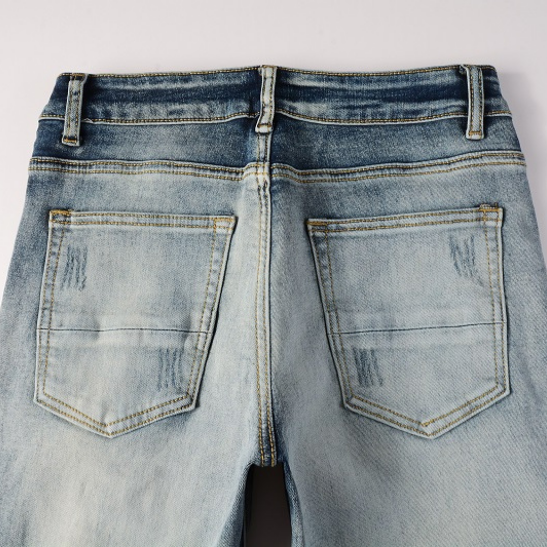 Amiri Blaue Patch Jeans Luxus Designer Denim Slim Fit Destroyed Look