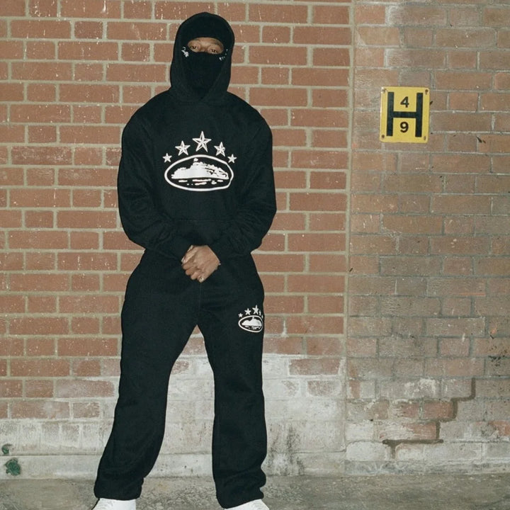 Corteiz 5 Stars Schwarzer Jogginganzug: Stilvoller Streetwear Freizeitanzug für Herren