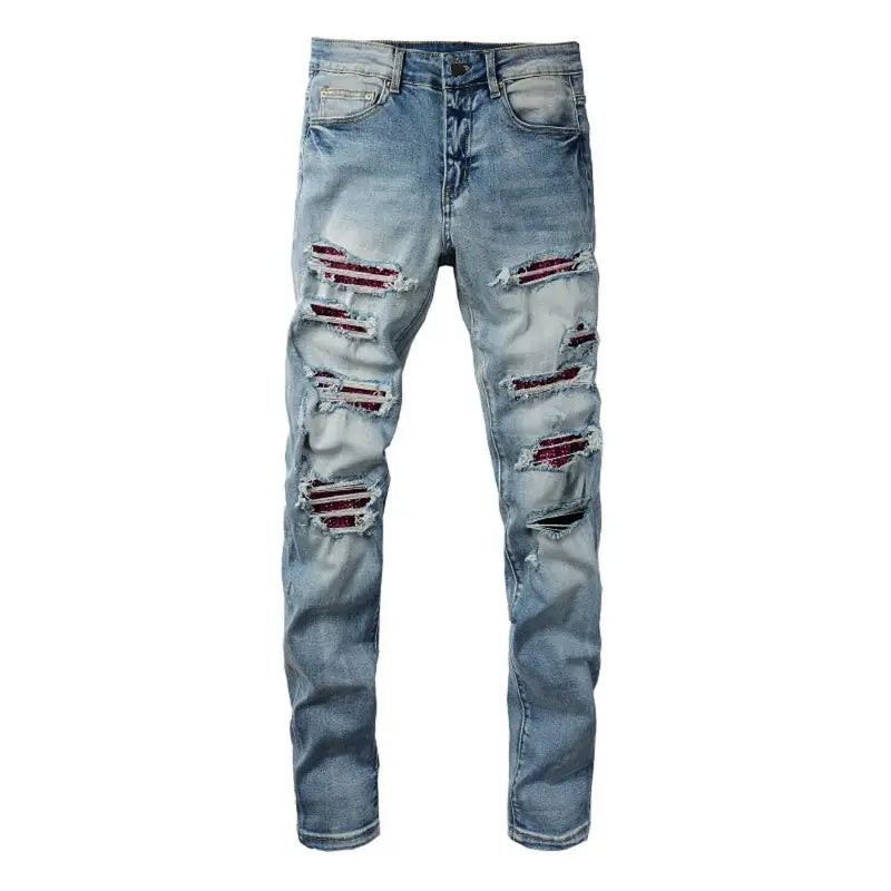 Amiri Rote Diamant-Patch Jeans: Luxuriöse Designer Denim mit Stretch Slim Fit
