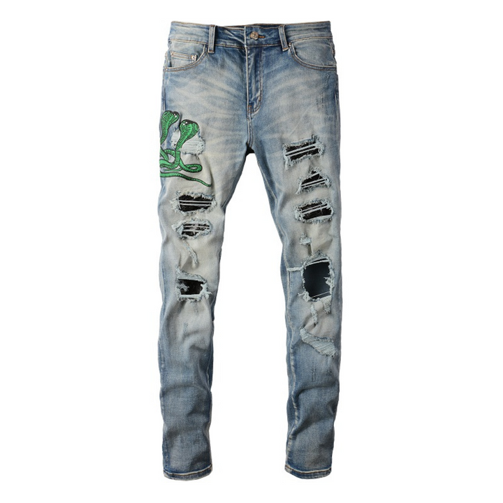 Amiri Luxus Slim Fit Snake Applikations Blue Jeans für Herren – Stylischer Denim