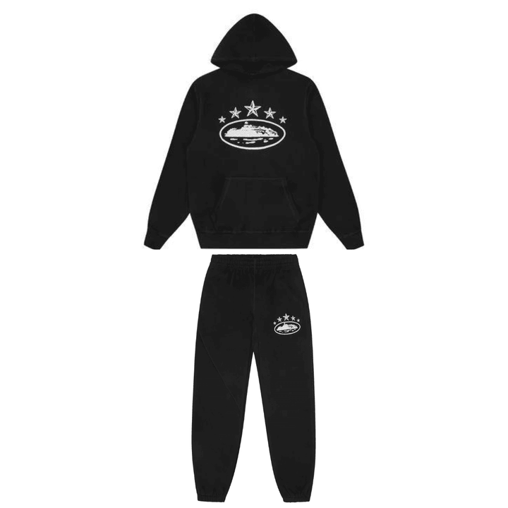 Corteiz 5 Stars Schwarzer Jogginganzug: Stilvoller Streetwear Freizeitanzug für Herren