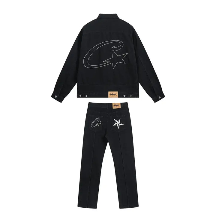 Corteiz Schwarzes Denim Set: Stilvoller Streetwear-Look für Ihn und Sie