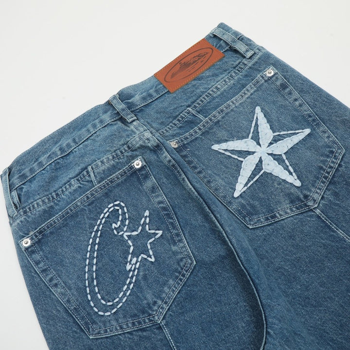 Corteiz Blaues Denim Set: Stylische Jacke & Jeans für Exklusiven Streetwear Look