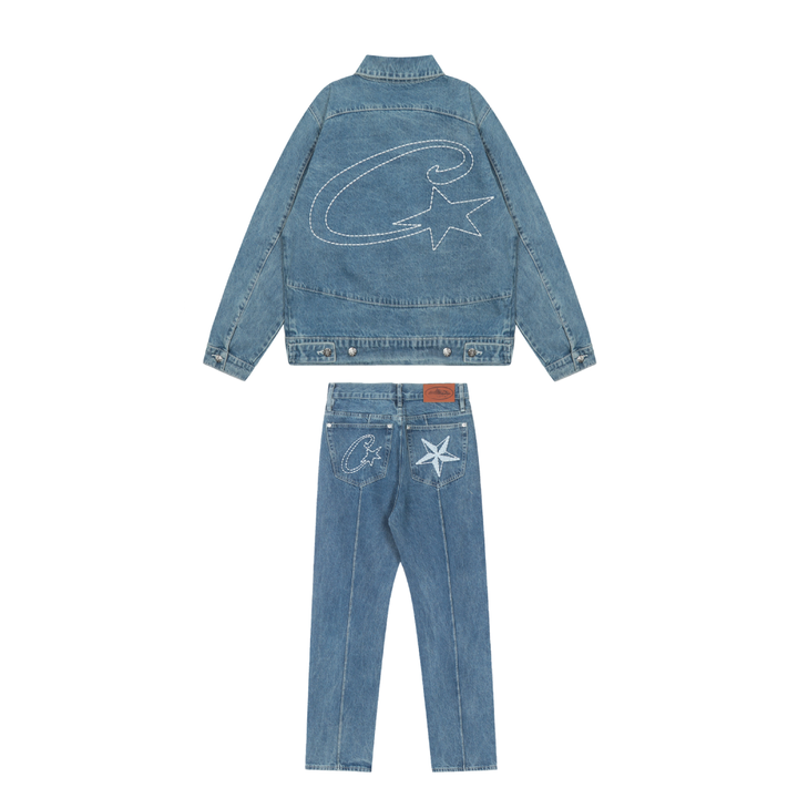 Corteiz Blaues Denim Set: Stylische Jacke & Jeans für Exklusiven Streetwear Look