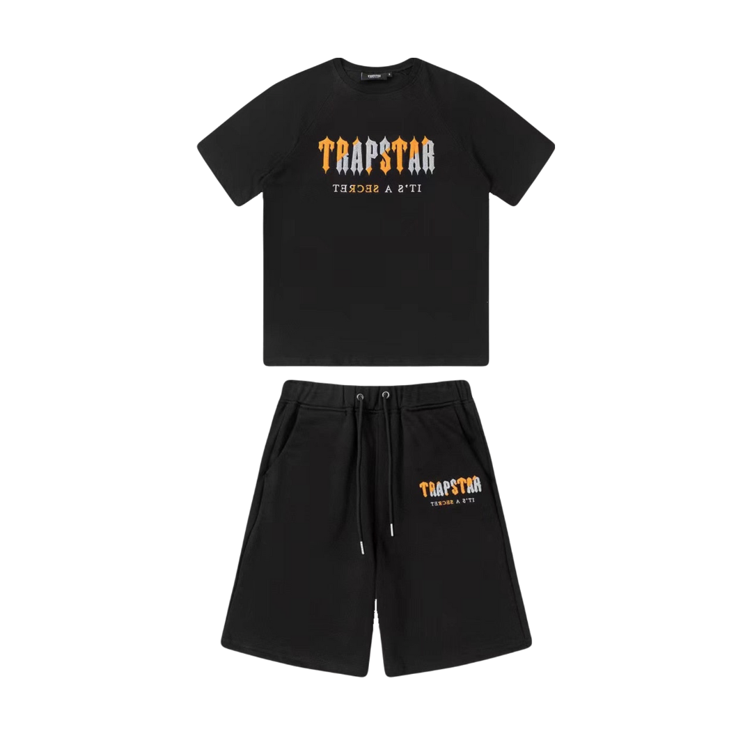 Trapstar Decoded Chenille Shorts Set Schwarz-Orange | Trendiger Sommer-Freizeitanzug