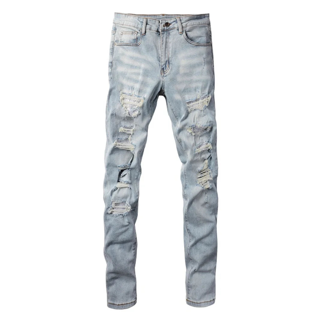 Amiri Hellblaue Patchwork Jeans für Herren – Distressed Luxus Slim Fit Denim