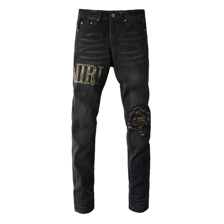 Amiri Luxus Denim Jeans: Auffällige Patches, Risse, Slim Fit Designer Stil