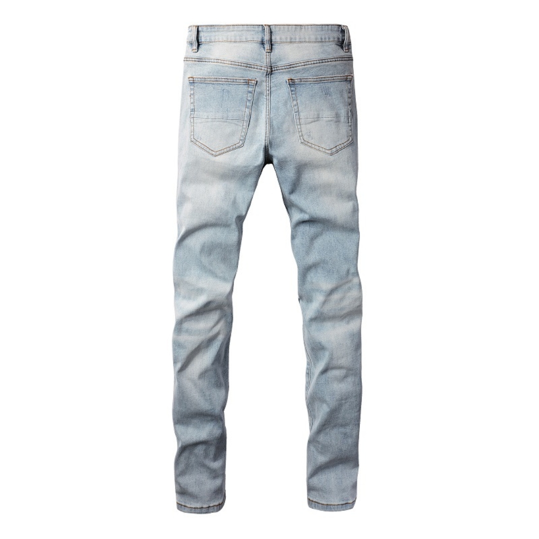 Amiri Hellblaue Patchwork Jeans für Herren – Distressed Luxus Slim Fit Denim