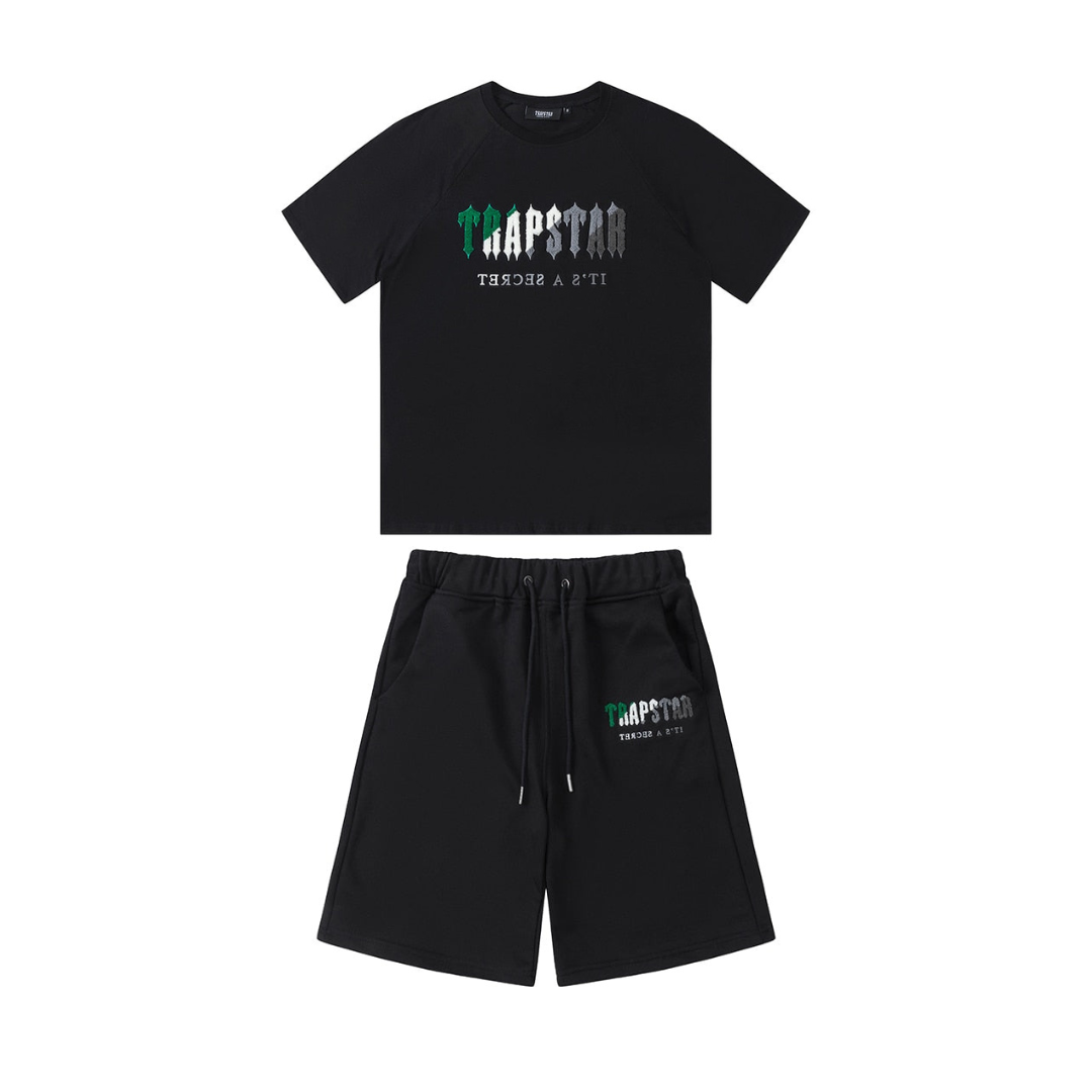Stylisches Trapstar Decoded Chenille Grün-Schwarz Kurzes Set für Herren