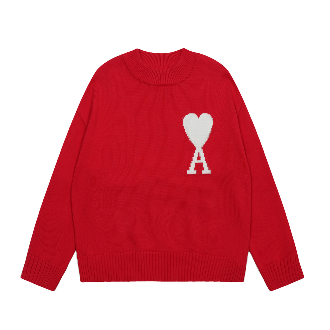 AMI Paris Unisex Herz-Logo Pullover Weicher Baumwollmix Edler Strick Freizeit Mode