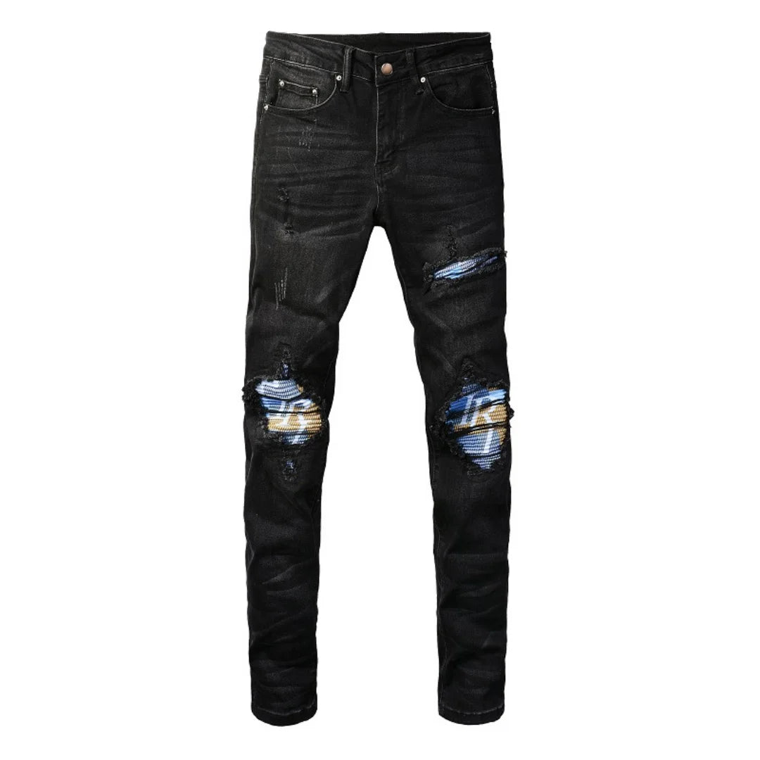 Amiri Schwarze Patch Logo Jeans Herren Designer Denim Hose Stretch Luxus Stil