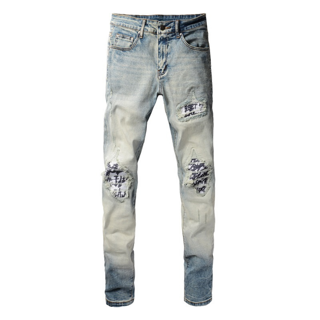 Amiri Gradient Camo Patch Designer Jeans: Einzigartiger Stil, Handgefertigte Details