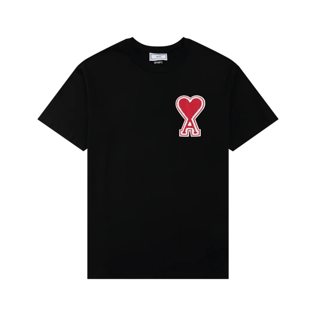 AMI Paris Baumwoll-T-Shirt für Herren, Kurzarm, Herzlogo, Klassischer Schnitt, Schwarz