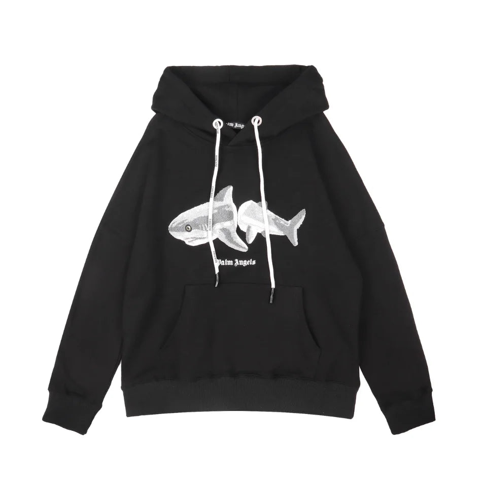 Palm Angels Hai Hoodie: Luxuriöser Unisex Streetwear Pullover aus Baumwolle, Schwarz/Weiß