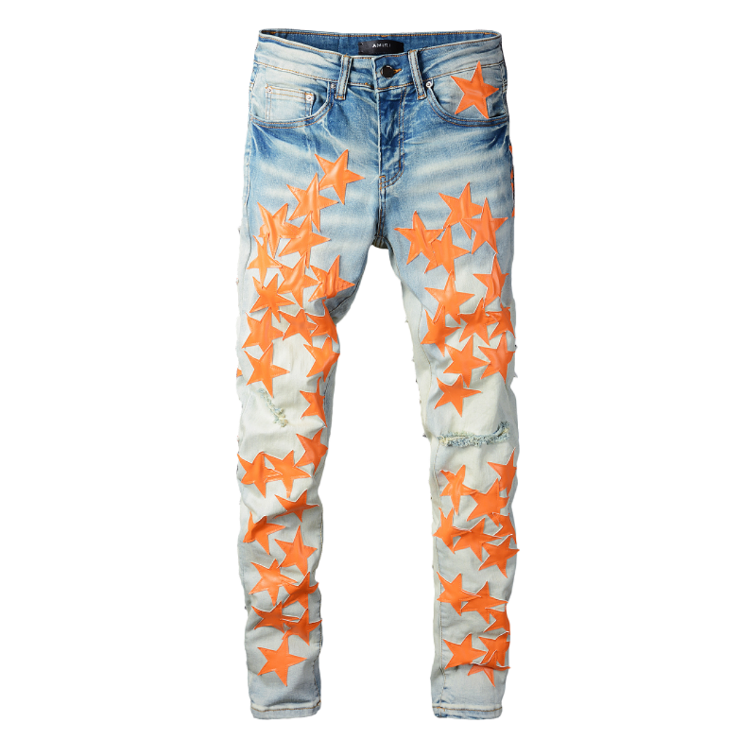 Amiri Slim Fit Designer Jeans mit Orangefarbenen Stern-Patches für Herren