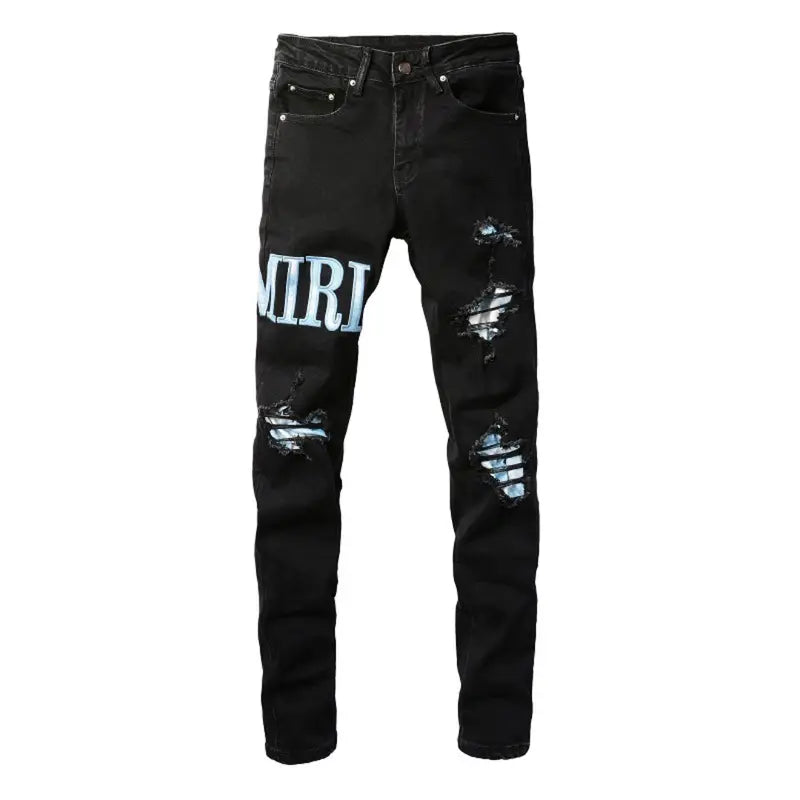 Amiri Herren Blaue Patch Jeans: Luxuriöse Denim Streetwear mit Stil