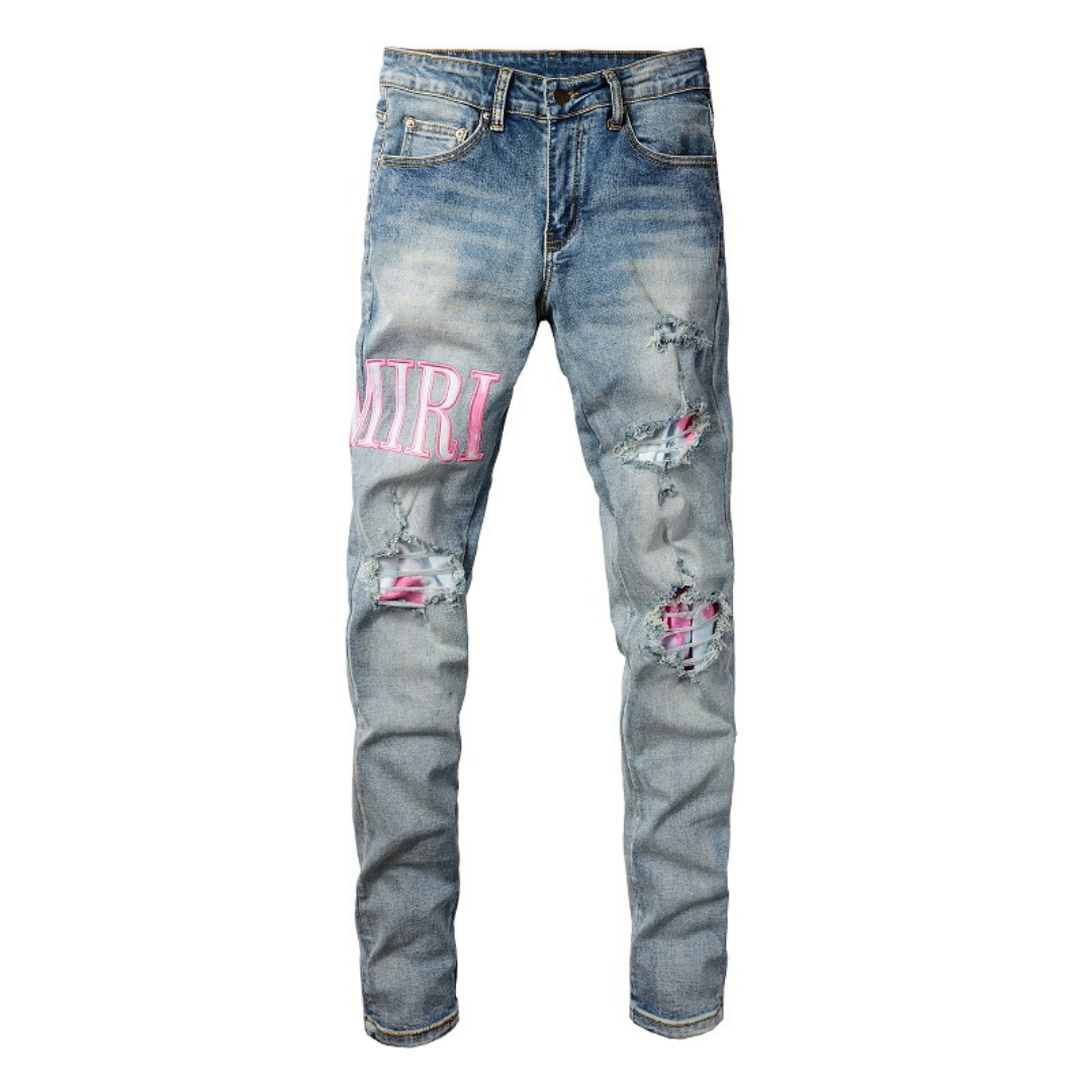 Luxuriöse Amiri Herren Designer Used-Look Jeans mit Logo und Destroyed Effekten