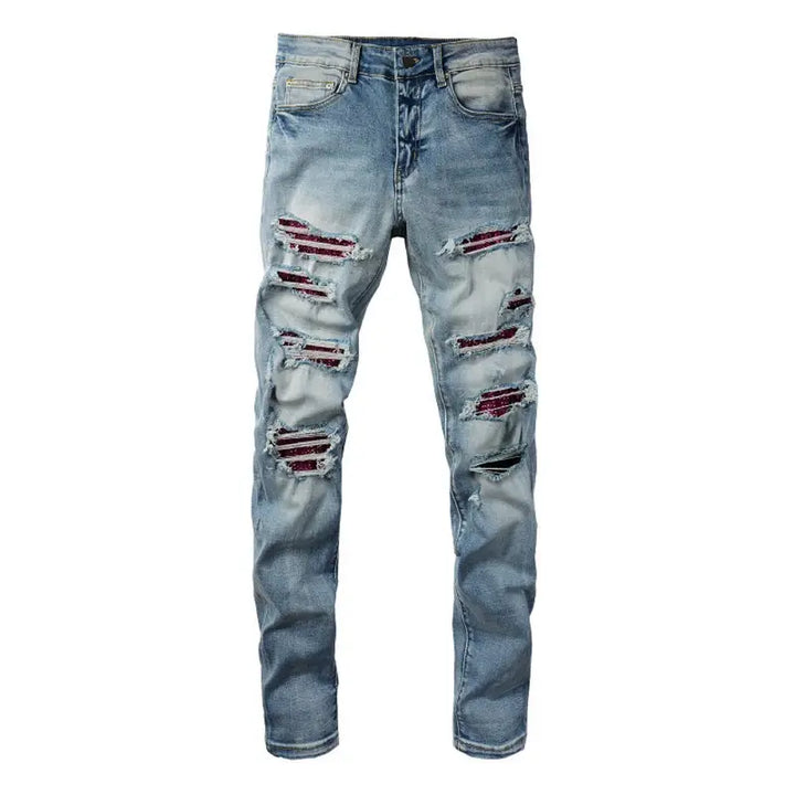 Amiri Rote Diamant-Patch Jeans: Luxuriöse Designer Denim mit Stretch Slim Fit