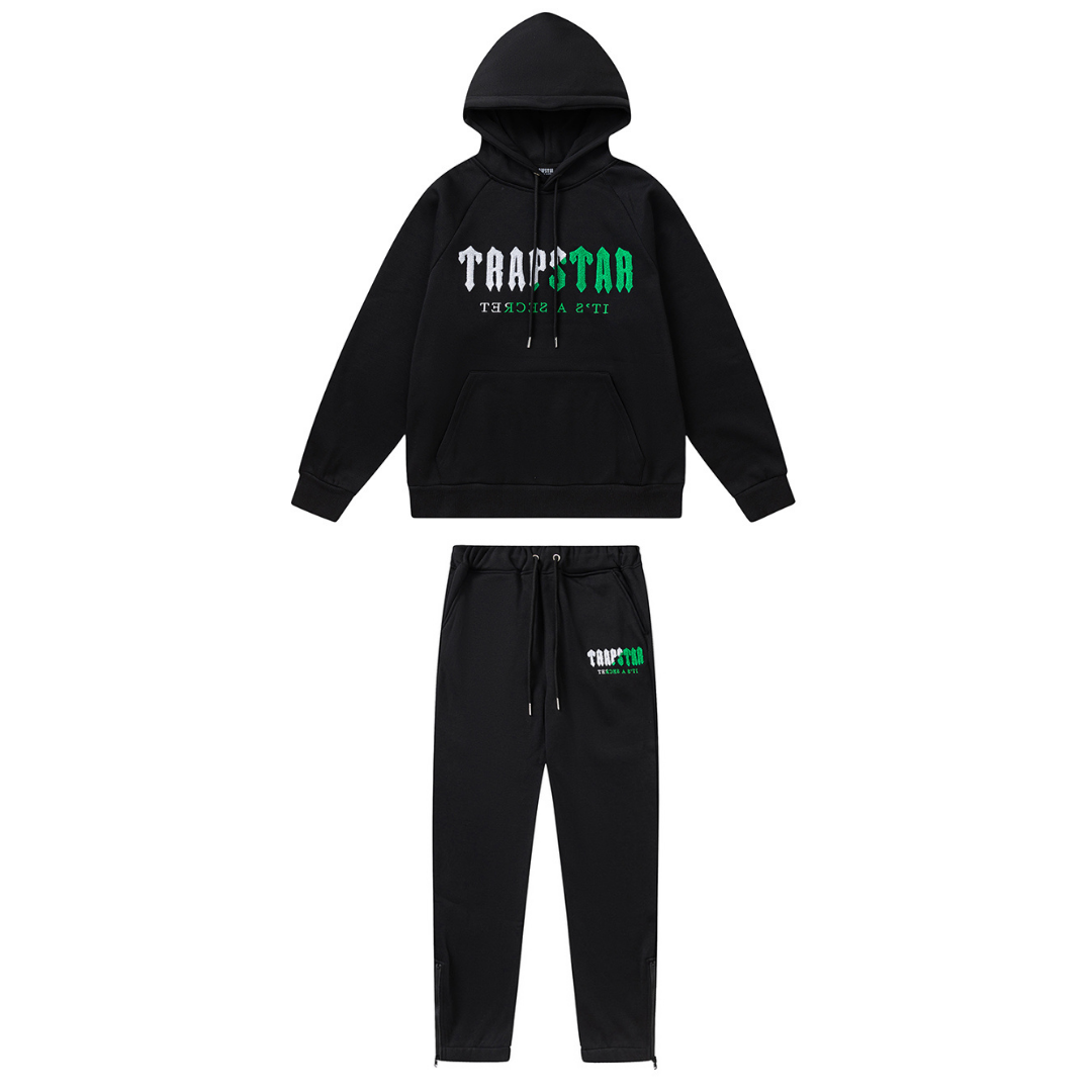 Exklusiver Trapstar Decoded 2.0 Kapuzen-Trainingsanzug Schwarz Grün – Premium Streetwear Set