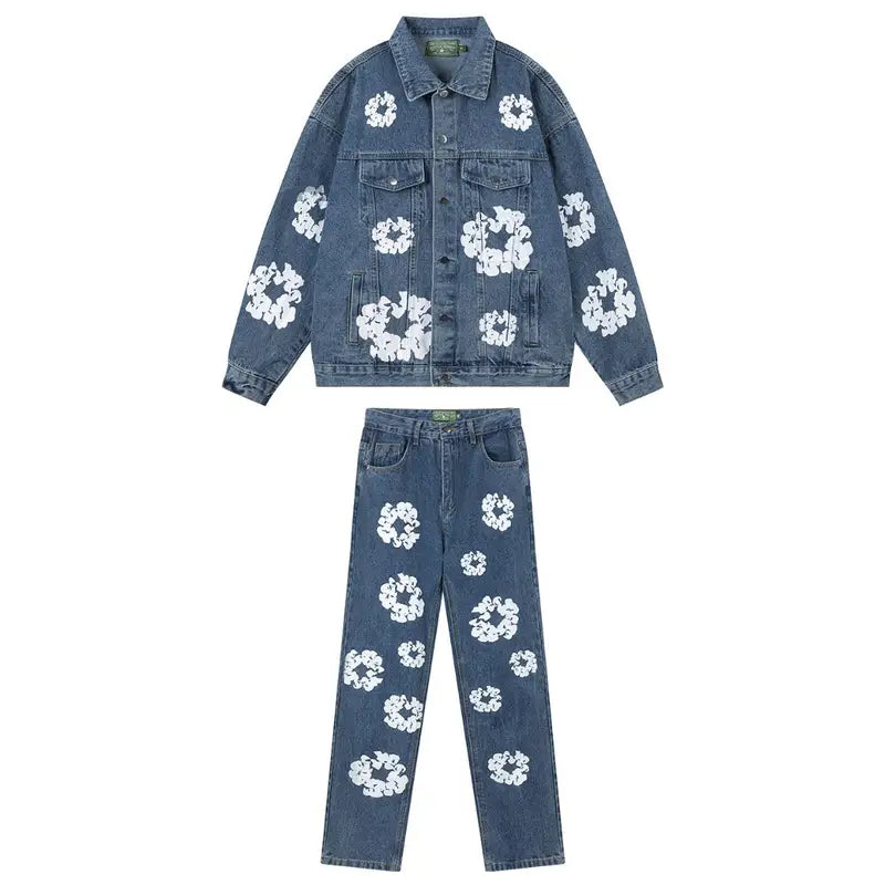 Denim Tears Blaues Baumwoll-Set: Trendige Jacke & Hose für Streetwear-Fans