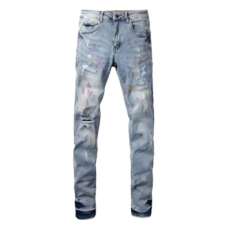 Amiri Herren Designer Jeans mit Farbspritzern – Stylische Blaue Denim Hose