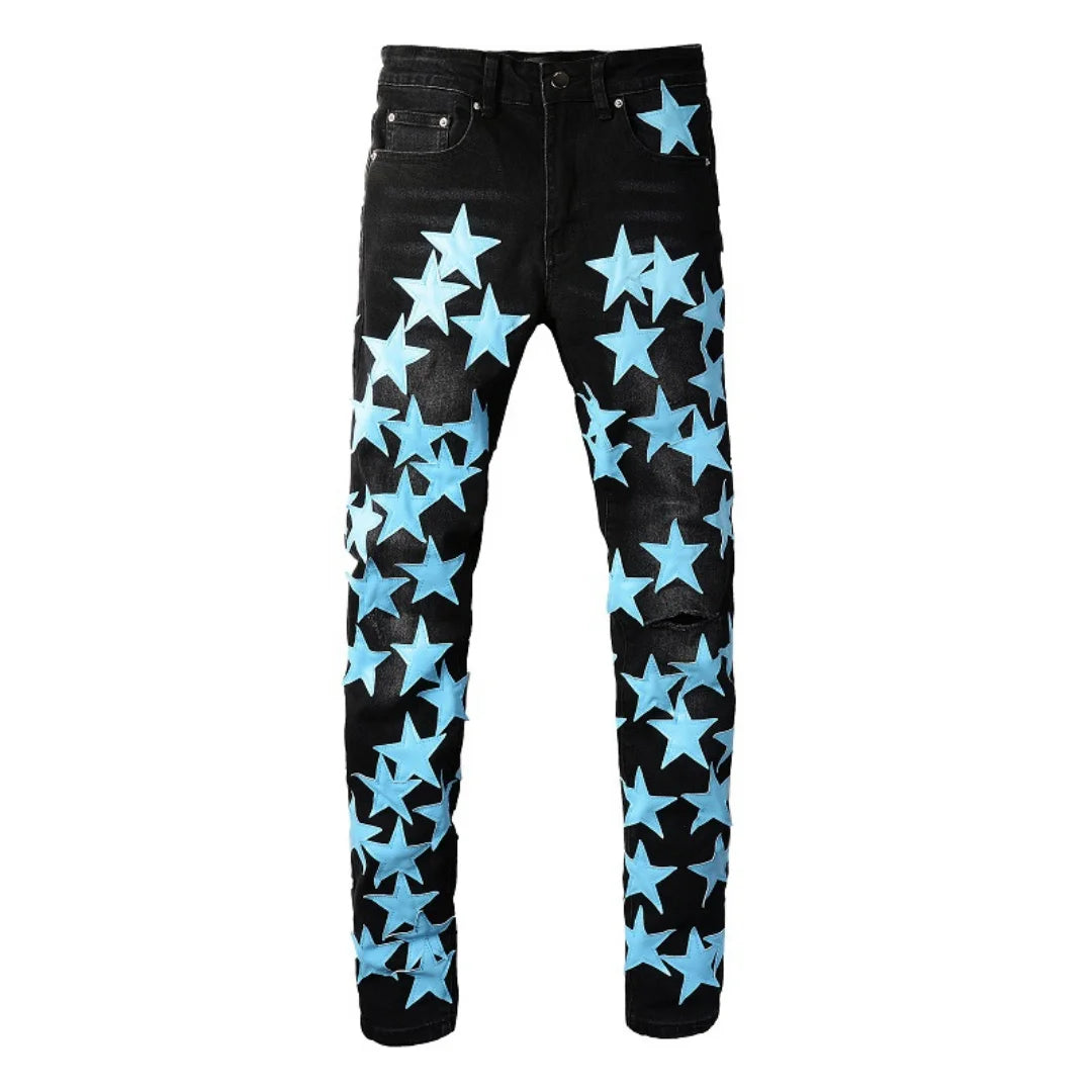 Amiri Slim Fit Designer Jeans für Herren mit Blauen Sternen Patches
