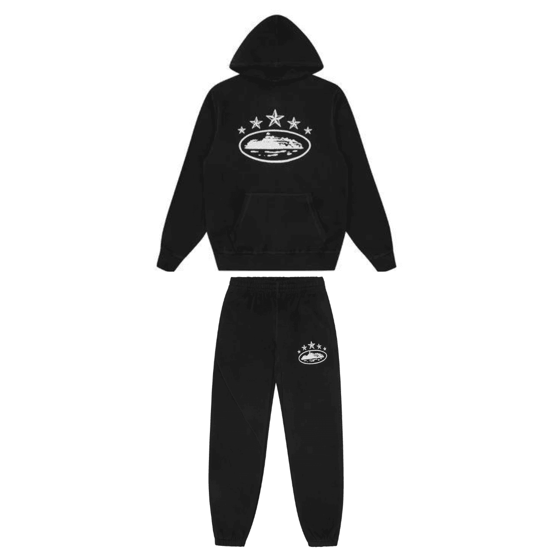 Corteiz 5 Stars Schwarzer Jogginganzug: Stilvoller Streetwear Freizeitanzug für Herren