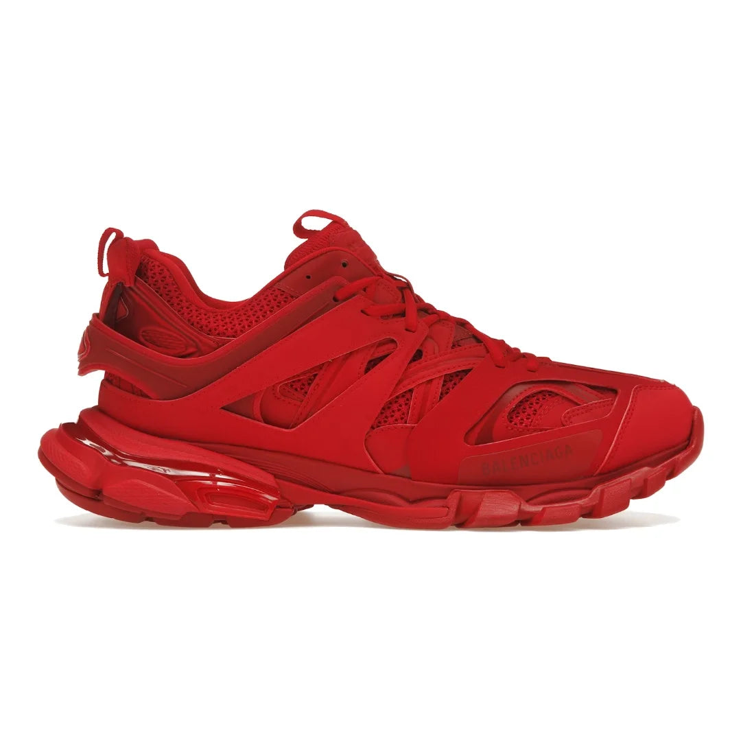 Balenciaga Track Rote Sneaker: Lederfrei, Abgenutzter Look, Dynamische Sohle