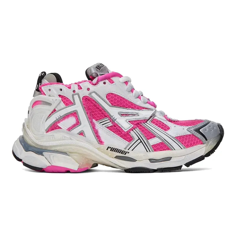 Balenciaga Runner Sneaker Weiß Neon Pink Mesh Nylon Used-Look Bequem Stilvoll Luxus