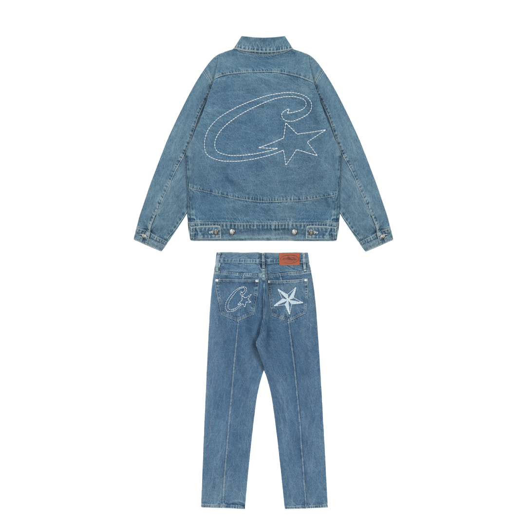 Corteiz Blaues Denim Set: Stylische Jacke & Jeans für Exklusiven Streetwear Look